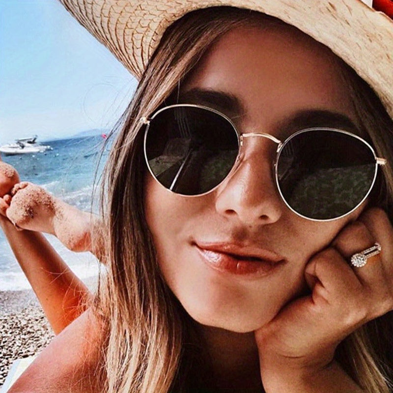 Women’s Retro Round Metal Sunglasses – Mirrored Fashion Shades, Stylish Composite Frame, Summer UV Protection Eyewear