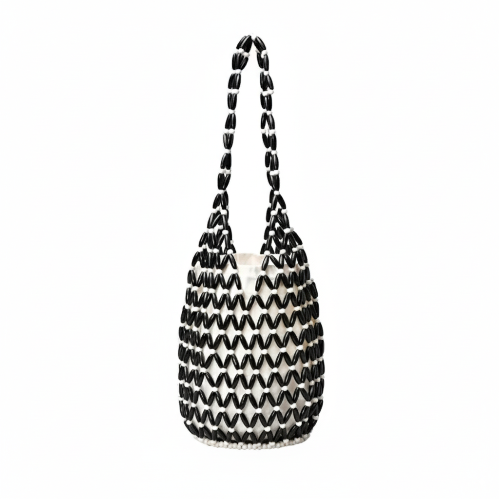 In Rome Amalfi Boho Bag – Handmade Wooden Bead Woven Bucket Tote for Seaside Escapes