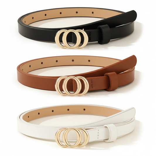 In Rome Trio Set – Women’s PU Leather Belts with Golden Styling Buckle (3 Pieces, Black | White | Brown)