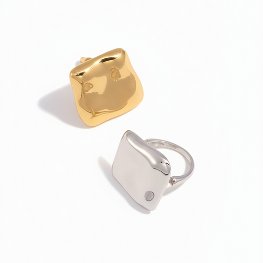 Exaggerated Square Concave-Convex Ring – Sculptural Elegance in Gold Vermeil