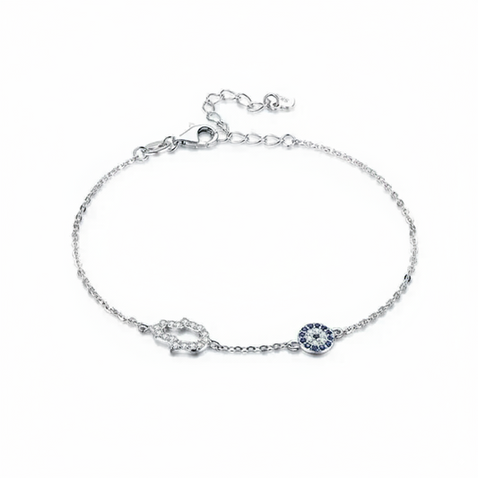 Rome Fortuna Bracelet – 925 Sterling Silver Hamsa & Evil Eye Charm with Blue Zircon