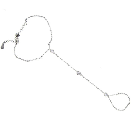 100% 925 Sterling Silver Slave Chain Bracelet with Finger Ring – Sparkling AAA CZ Zirconia Hand Harness Jewelry for Women