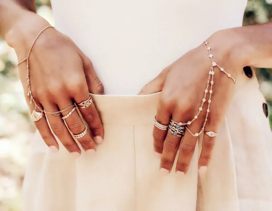 100% 925 Sterling Silver Slave Chain Bracelet with Finger Ring – Sparkling AAA CZ Zirconia Hand Harness Jewelry for Women