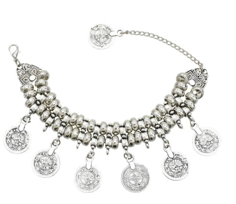 ✨ Bohemian Gypsy Coin Bracelet – Vintage Festival Statement Jewelry with Floral & Tribal Accents, Adjustable Metal Charm for Women