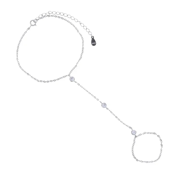 100% 925 Sterling Silver Slave Chain Bracelet with Finger Ring – Sparkling AAA CZ Zirconia Hand Harness Jewelry for Women