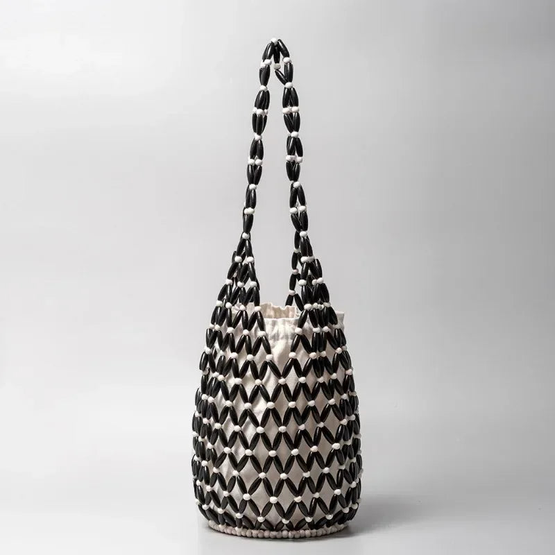 In Rome Amalfi Boho Bag – Handmade Wooden Bead Woven Bucket Tote for Seaside Escapes