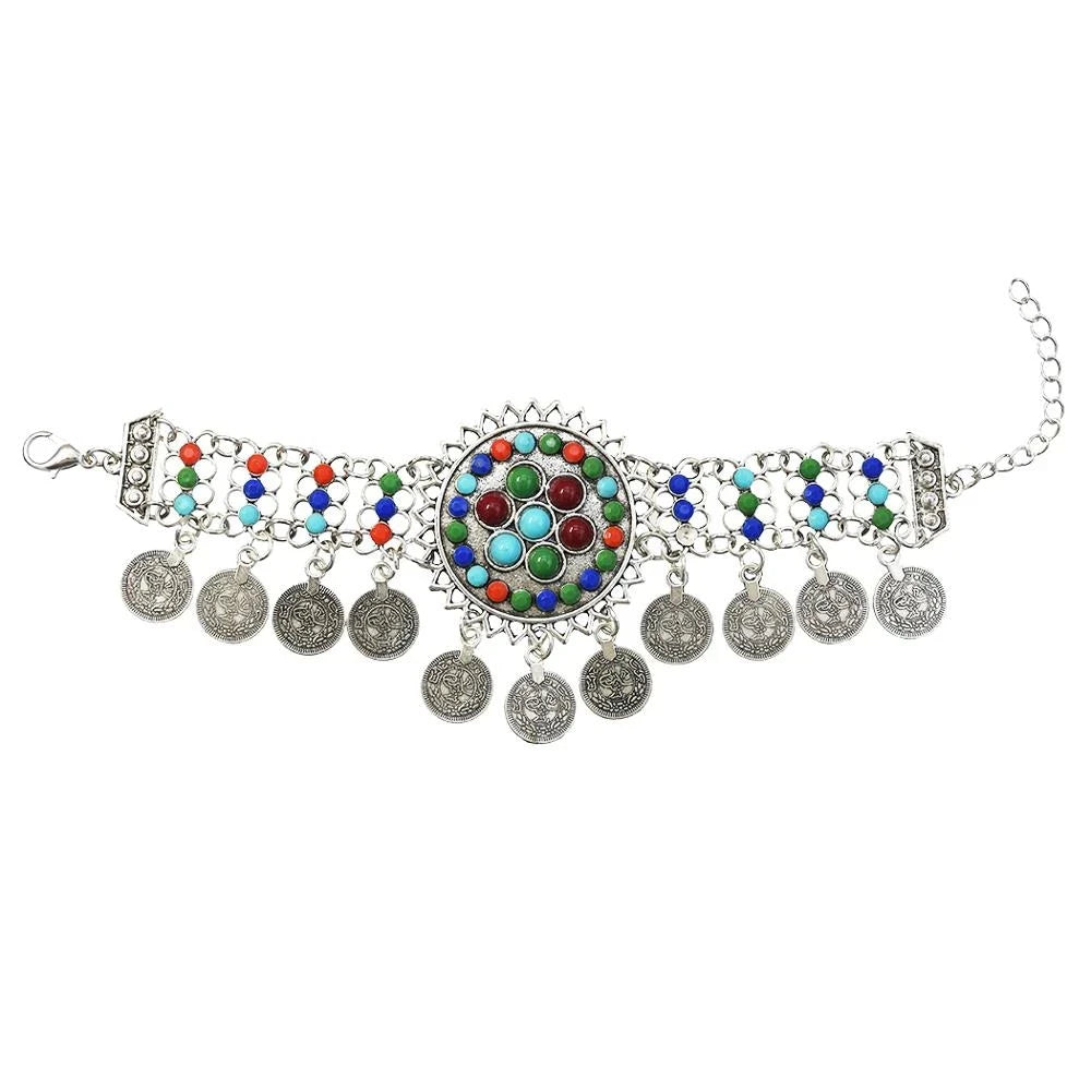 ✨ Bohemian Gypsy Coin Bracelet – Vintage Festival Statement Jewelry with Floral & Tribal Accents, Adjustable Metal Charm for Women