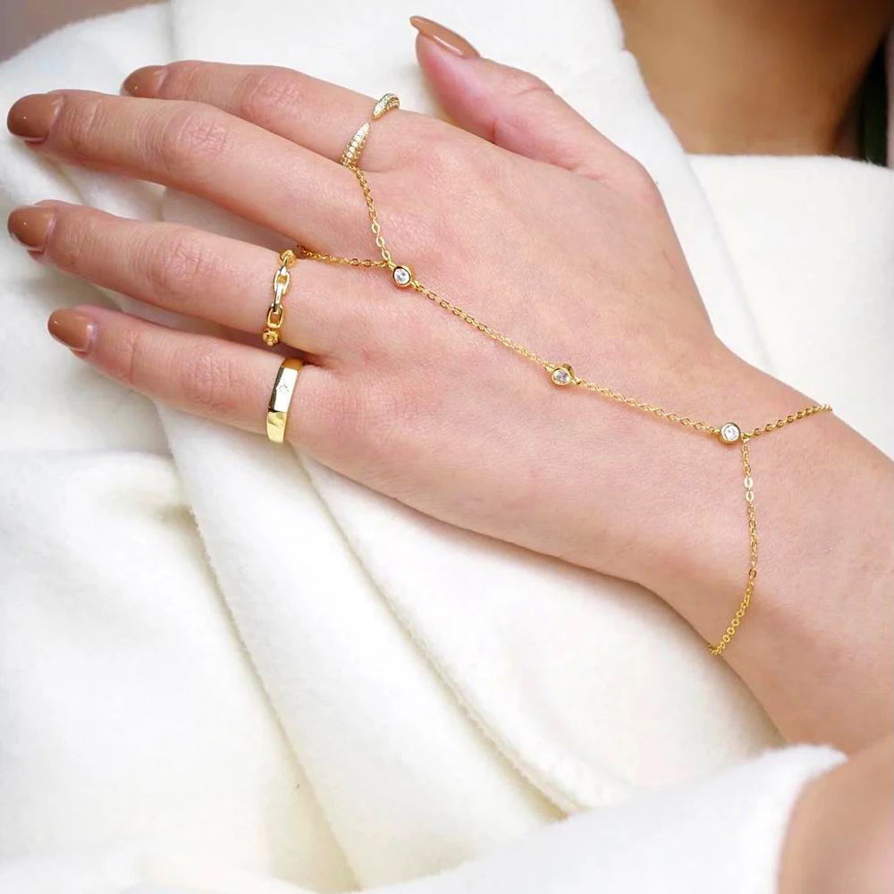100% 925 Sterling Silver Slave Chain Bracelet with Finger Ring – Sparkling AAA CZ Zirconia Hand Harness Jewelry for Women