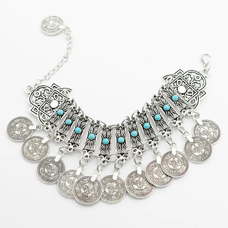 ✨ Bohemian Gypsy Coin Bracelet – Vintage Festival Statement Jewelry with Floral & Tribal Accents, Adjustable Metal Charm for Women