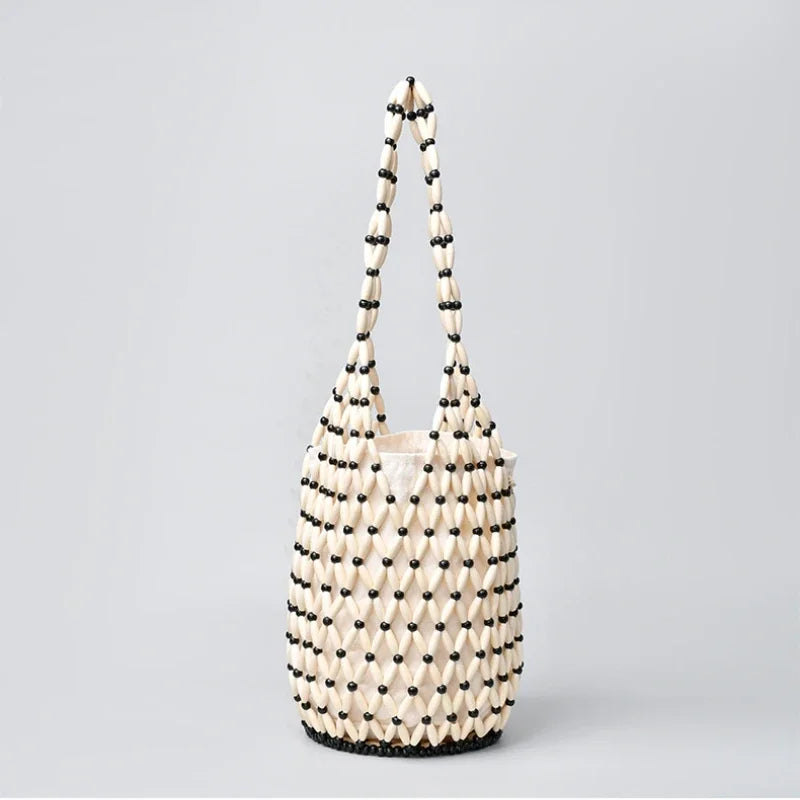 In Rome Amalfi Boho Bag – Handmade Wooden Bead Woven Bucket Tote for Seaside Escapes