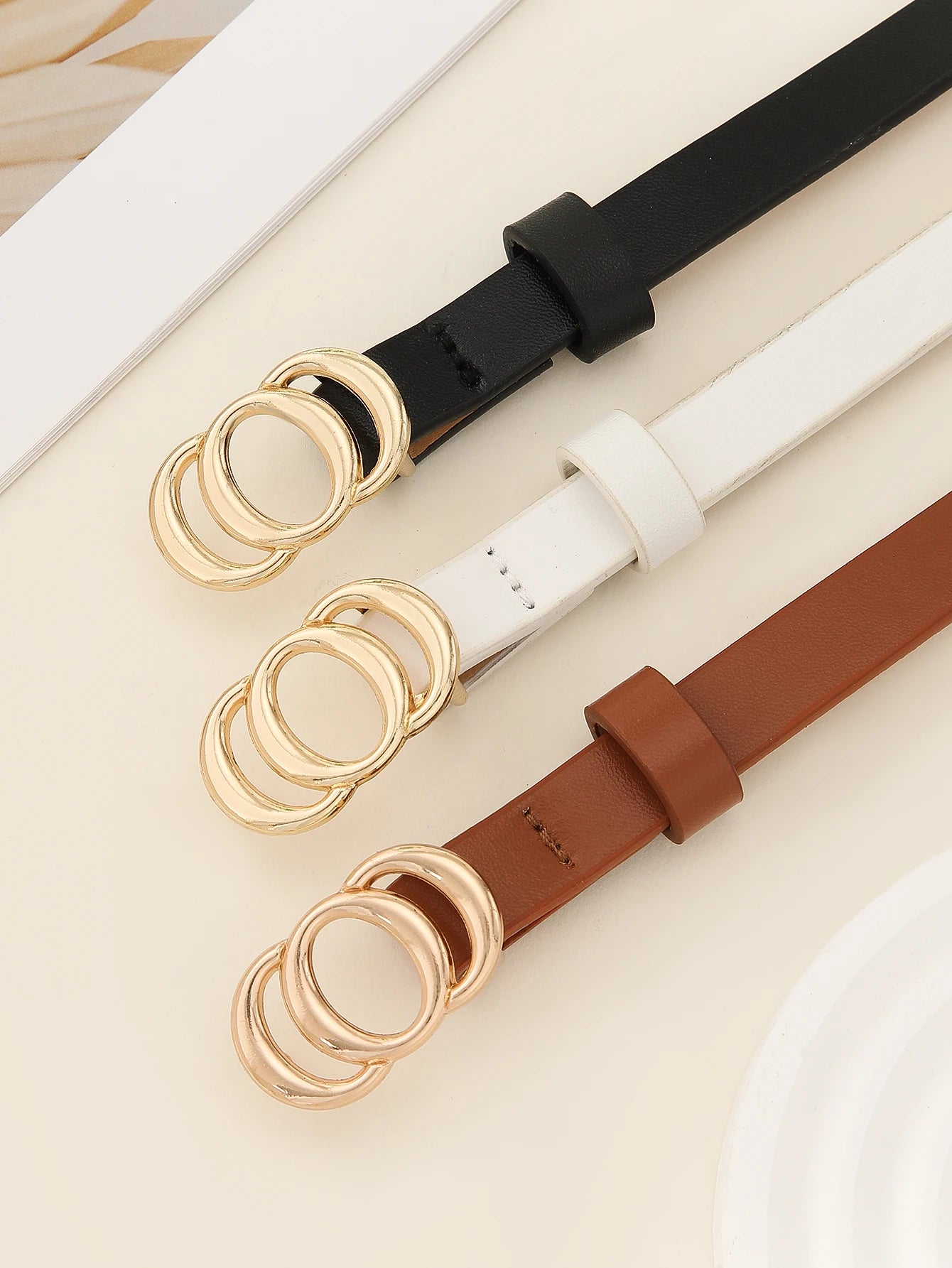 In Rome Trio Set – Women’s PU Leather Belts with Golden Styling Buckle (3 Pieces, Black | White | Brown)