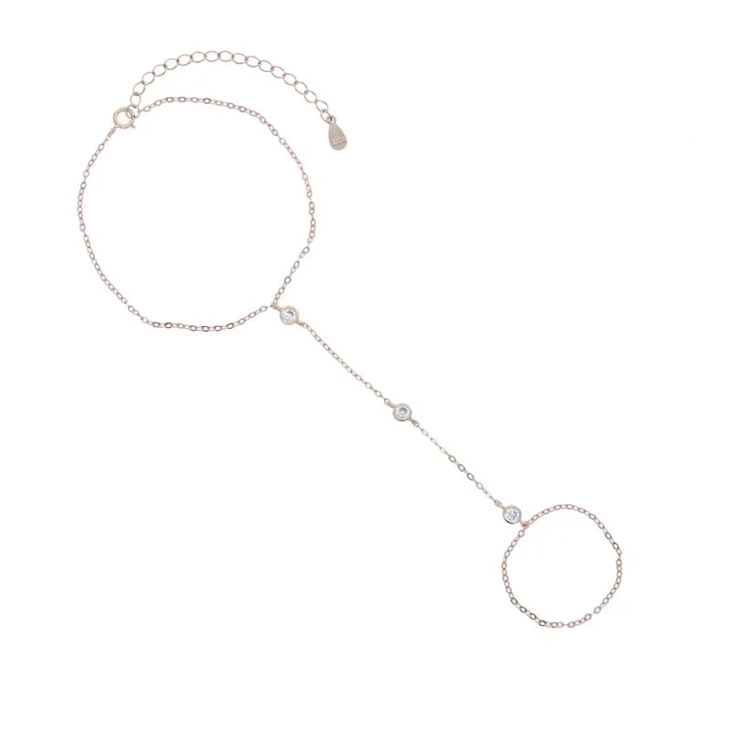 100% 925 Sterling Silver Slave Chain Bracelet with Finger Ring – Sparkling AAA CZ Zirconia Hand Harness Jewelry for Women