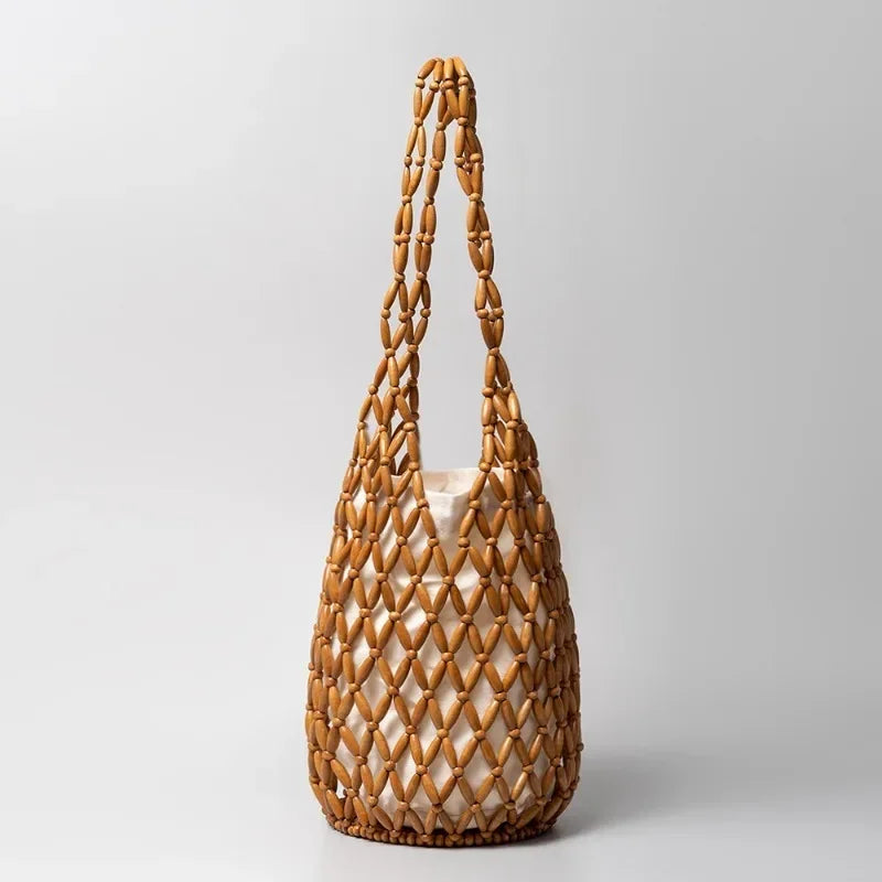 In Rome Amalfi Boho Bag – Handmade Wooden Bead Woven Bucket Tote for Seaside Escapes