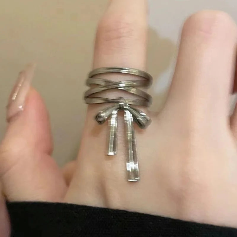 Yerik Y2K Ribbon Bow-Knot Ring & Ear Cuff Set – Ballet Aesthetic K-Pop Inspired Women’s Jewellery