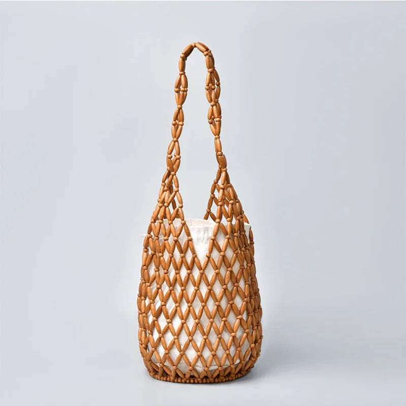 In Rome Amalfi Boho Bag – Handmade Wooden Bead Woven Bucket Tote for Seaside Escapes