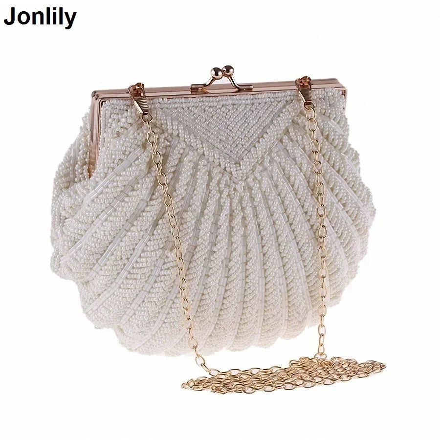 Jonlily Pearl Beaded Evening Clutch Bag – Women’s Wedding & Party Handbag with Shell Design and Chain Strap