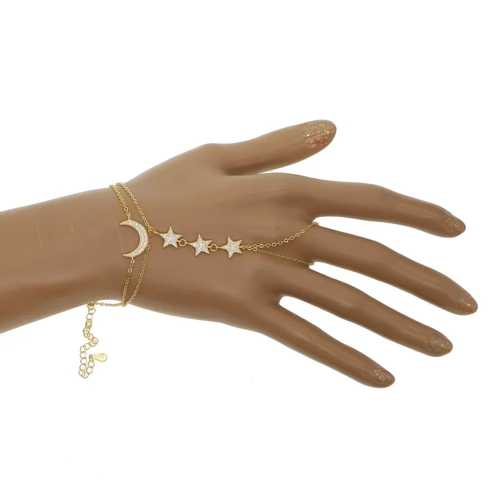 100% 925 Sterling Silver Slave Chain Bracelet with Finger Ring – Sparkling AAA CZ Zirconia Hand Harness Jewelry for Women