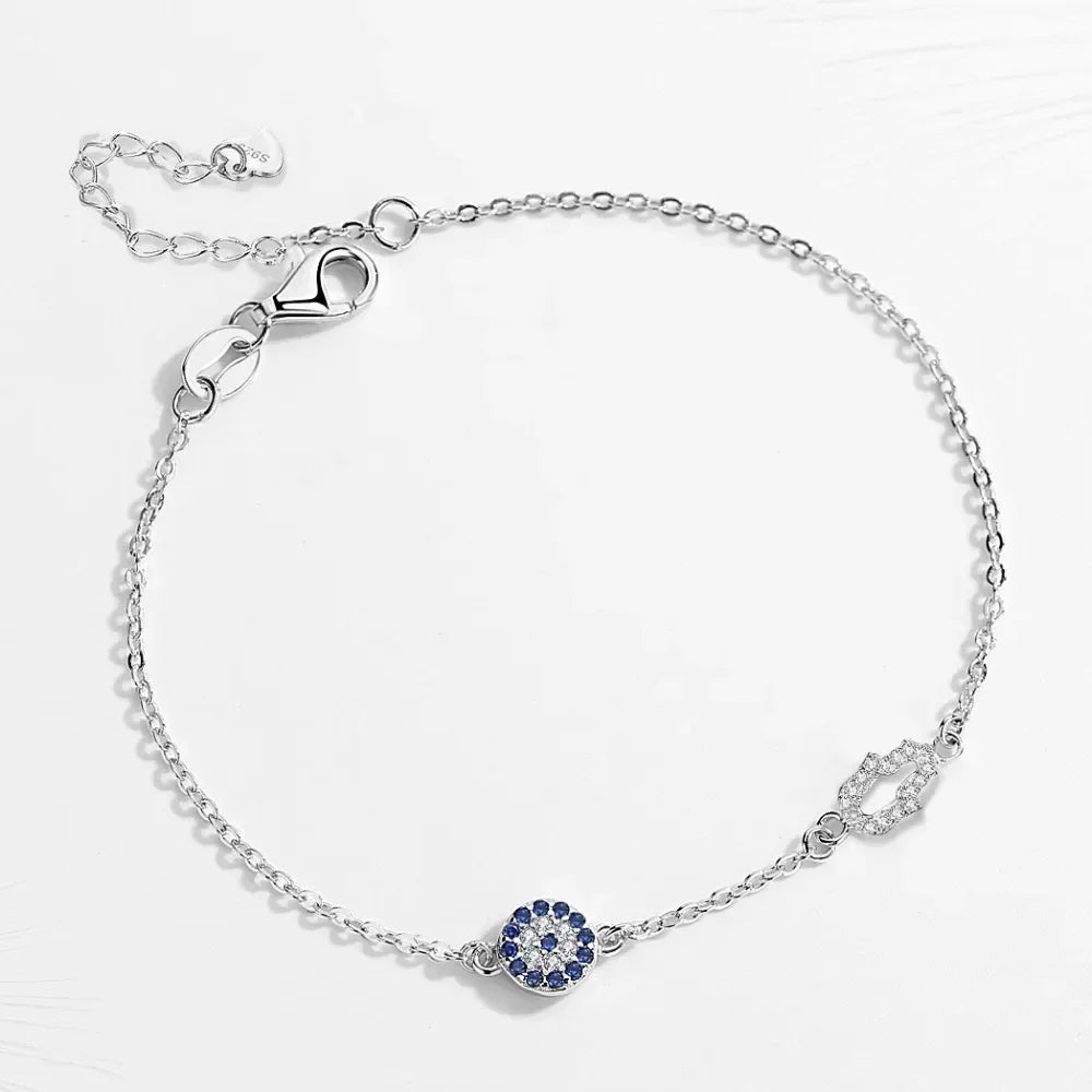 Rome Fortuna Bracelet – 925 Sterling Silver Hamsa & Evil Eye Charm with Blue Zircon