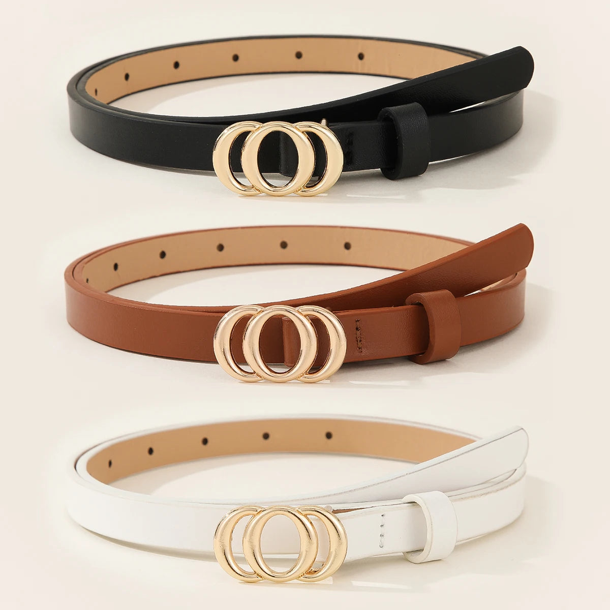 In Rome Trio Set – Women’s PU Leather Belts with Golden Styling Buckle (3 Pieces, Black | White | Brown)