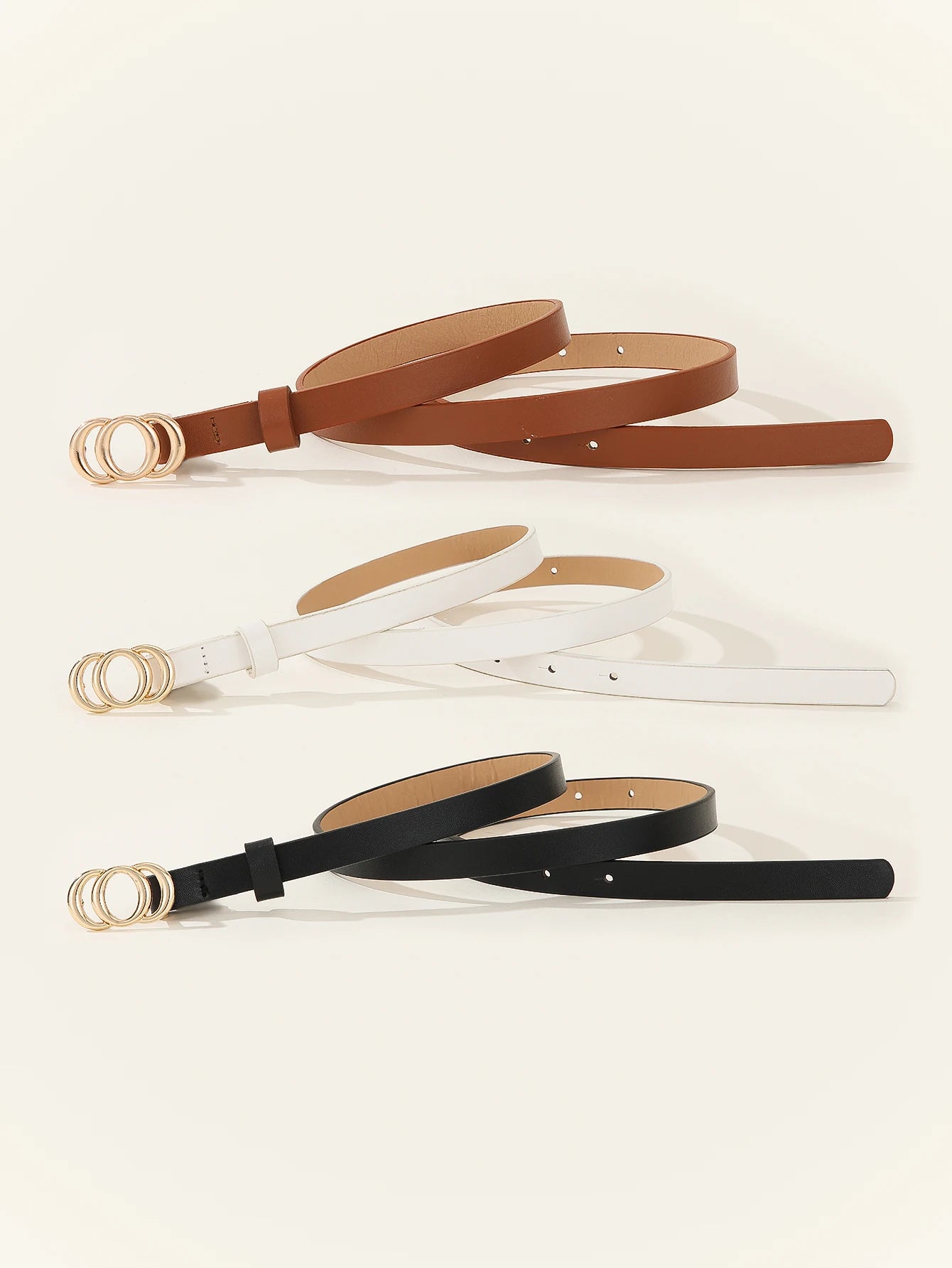 In Rome Trio Set – Women’s PU Leather Belts with Golden Styling Buckle (3 Pieces, Black | White | Brown)