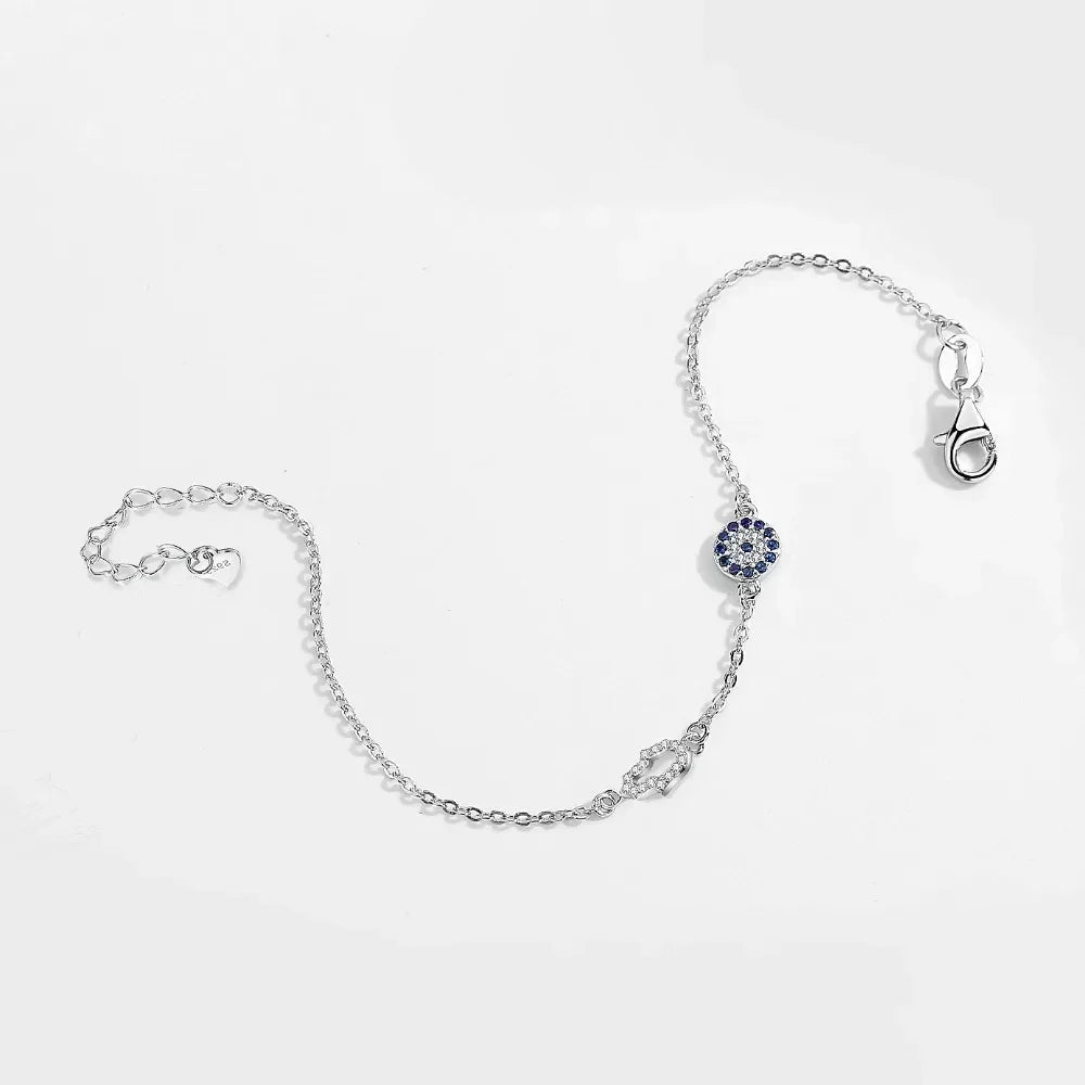Rome Fortuna Bracelet – 925 Sterling Silver Hamsa & Evil Eye Charm with Blue Zircon
