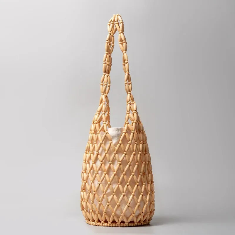 In Rome Amalfi Boho Bag – Handmade Wooden Bead Woven Bucket Tote for Seaside Escapes