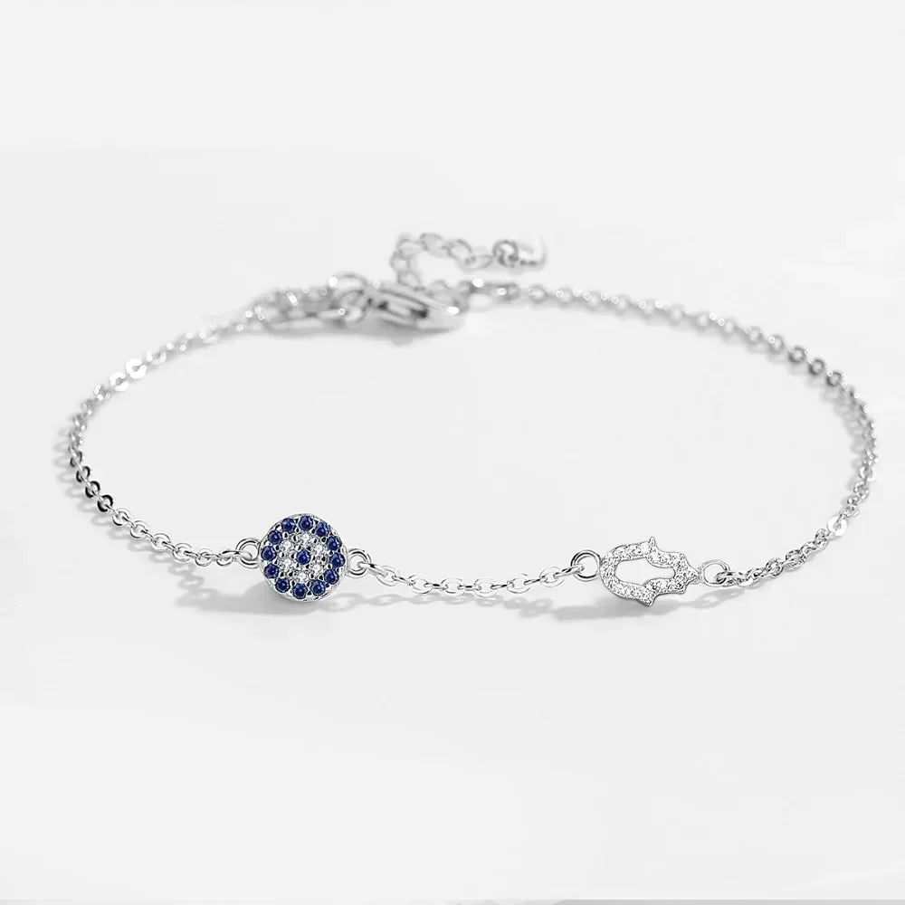 Rome Fortuna Bracelet – 925 Sterling Silver Hamsa & Evil Eye Charm with Blue Zircon