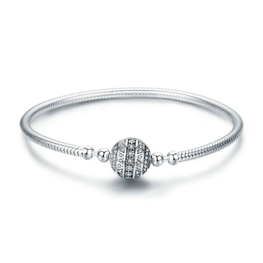 Bamoer 100% 925 Sterling Silver Dazzling Clear CZ Round Clasp Snake Chain Flower Clasp Bracelet Fine Jewelry SCB062