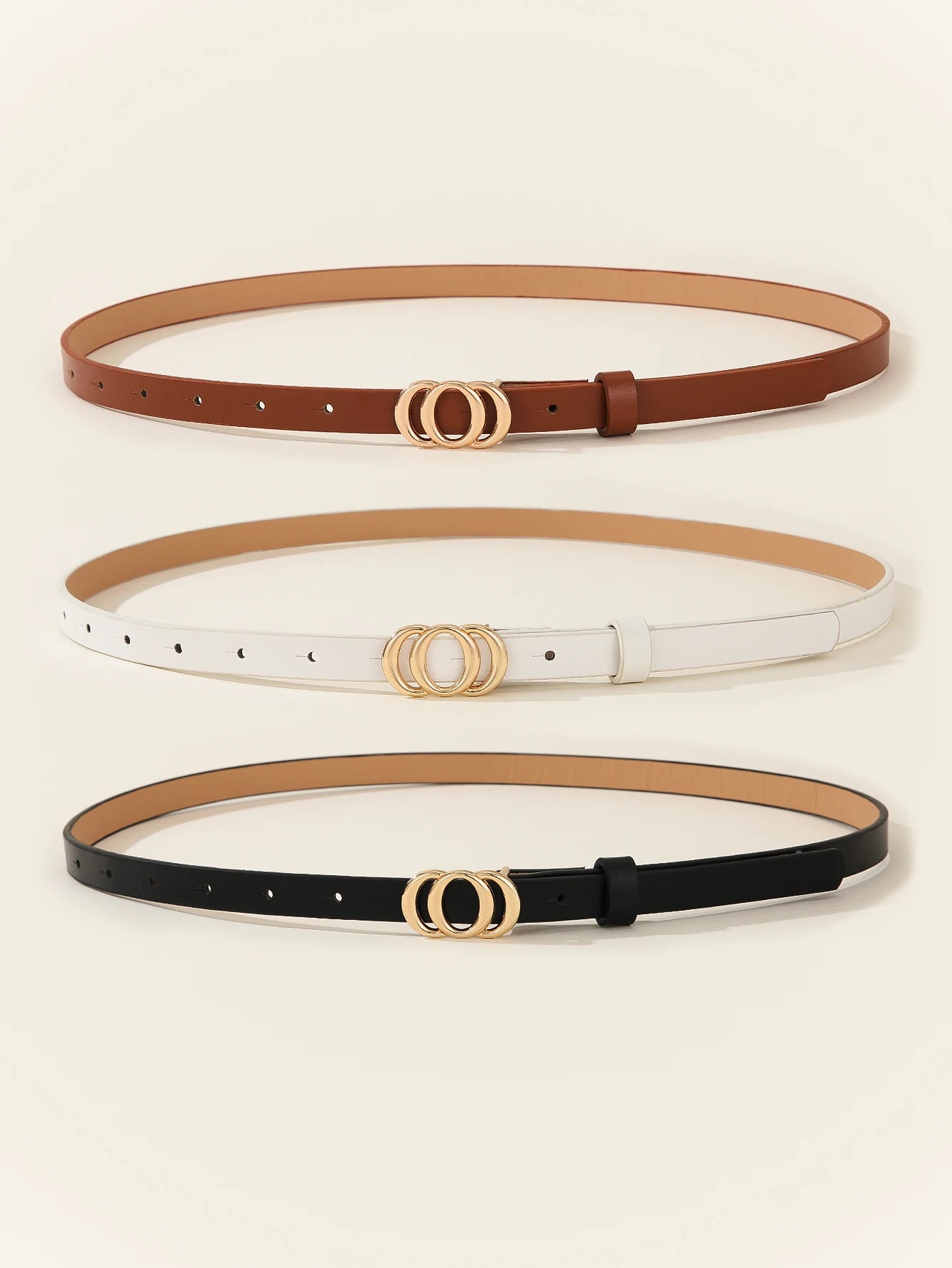 In Rome Trio Set – Women’s PU Leather Belts with Golden Styling Buckle (3 Pieces, Black | White | Brown)