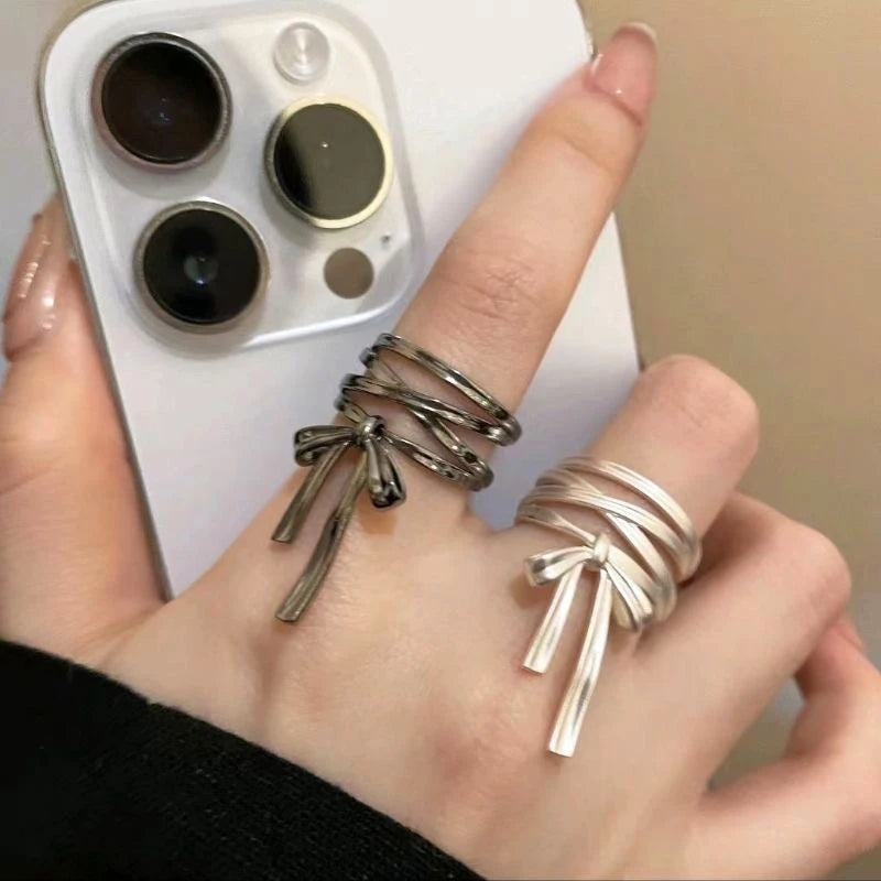 Yerik Y2K Ribbon Bow-Knot Ring & Ear Cuff Set – Ballet Aesthetic K-Pop Inspired Women’s Jewellery