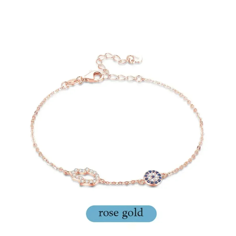 Rome Fortuna Bracelet – 925 Sterling Silver Hamsa & Evil Eye Charm with Blue Zircon