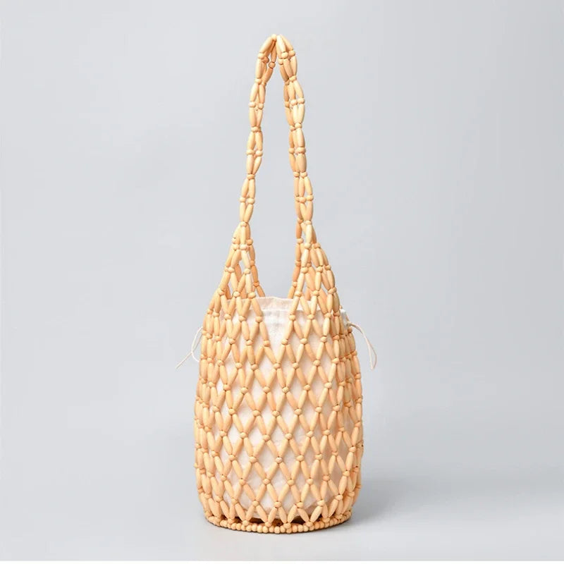 In Rome Amalfi Boho Bag – Handmade Wooden Bead Woven Bucket Tote for Seaside Escapes