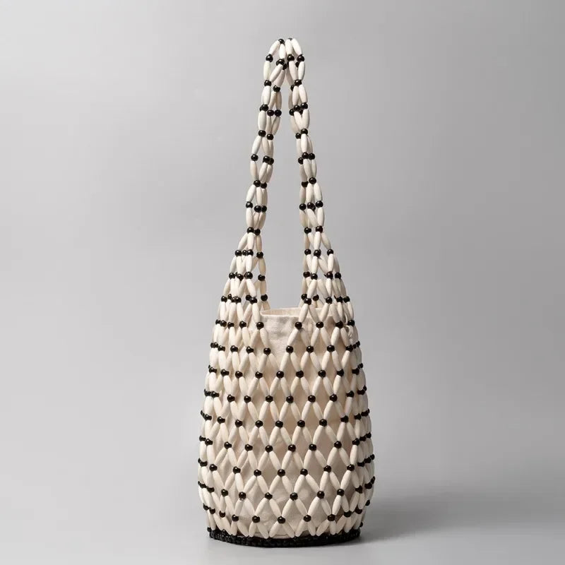 In Rome Amalfi Boho Bag – Handmade Wooden Bead Woven Bucket Tote for Seaside Escapes
