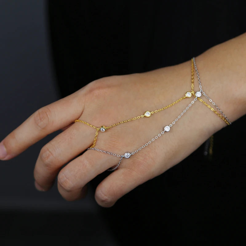 100% 925 Sterling Silver Slave Chain Bracelet with Finger Ring – Sparkling AAA CZ Zirconia Hand Harness Jewelry for Women