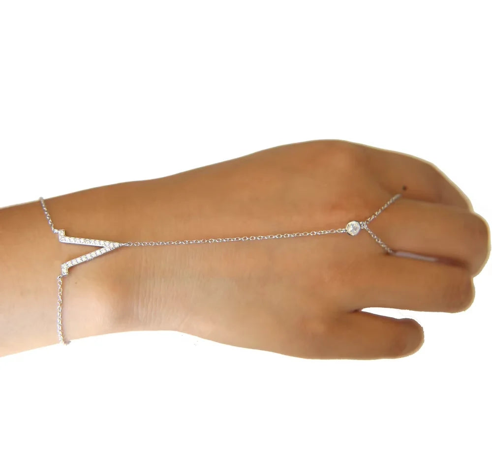 100% 925 Sterling Silver Slave Chain Bracelet with Finger Ring – Sparkling AAA CZ Zirconia Hand Harness Jewelry for Women
