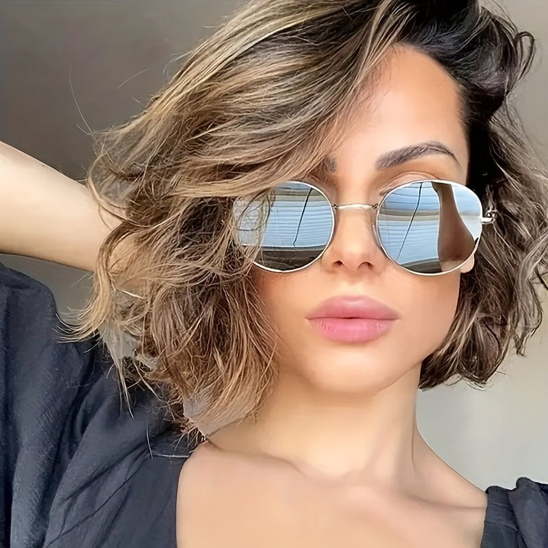 Women’s Retro Round Metal Sunglasses – Mirrored Fashion Shades, Stylish Composite Frame, Summer UV Protection Eyewear