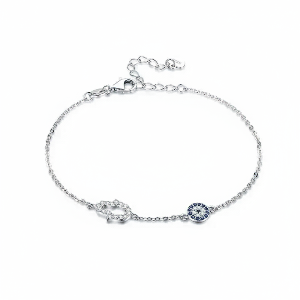 Rome Fortuna Bracelet – 925 Sterling Silver Hamsa & Evil Eye Charm with Blue Zircon