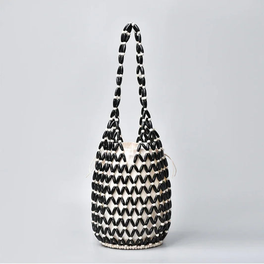 In Rome Amalfi Boho Bag – Handmade Wooden Bead Woven Bucket Tote for Seaside Escapes